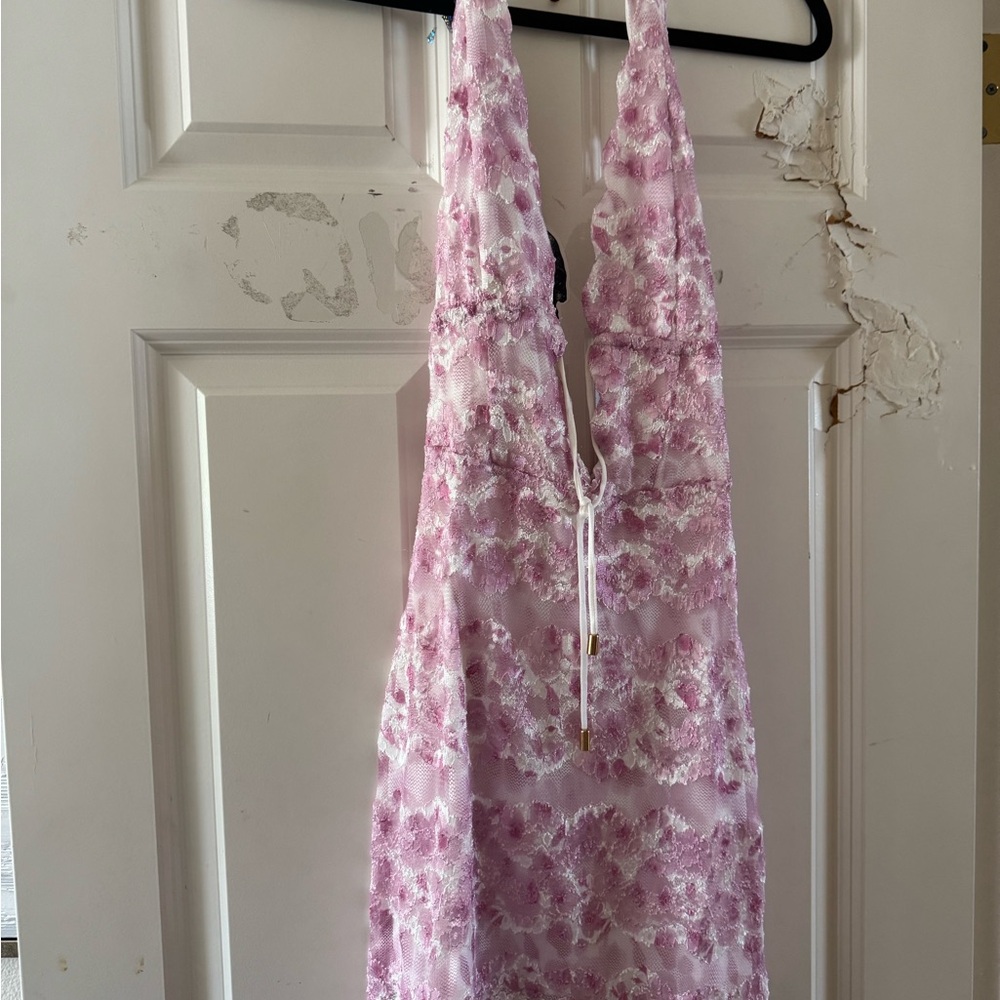 White & Pink Floral Halter Spring Dress - Beginning Boutique - Picture 5 of 5